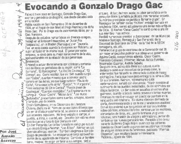 Evocando a Gonzalo Drago  [artículo] José Arraño Acevedo.