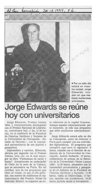 Jorge Edwards se reúne hoy con universitarios  [artículo].