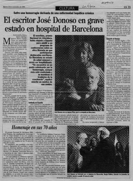 El Escritor José Donoso en grave estado en hospital de Barcelona  [artículo].