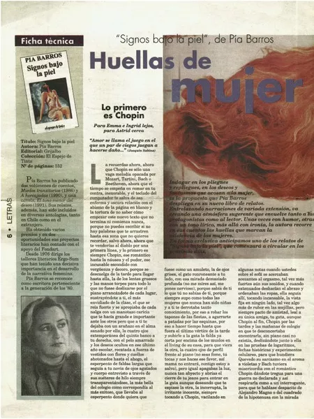 "Signos bajo la piel" de pía Barros, huellas de mujer  [artículo].