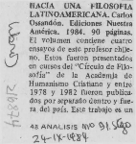 Hacia una filosofía latinoamericana  [artículo].