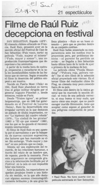 Filme de Raúl Ruiz decepciona en festival  [artículo].