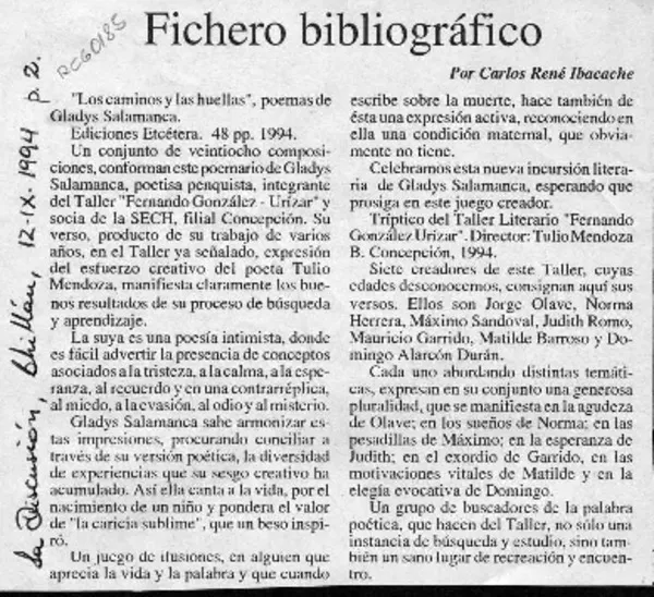Fichero bibliográfico  [artículo] Carlos René Ibacache.