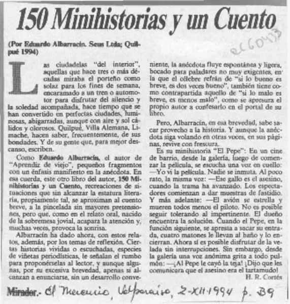 150 Minihistorias y un cuento  [artículo] H. R. Cortés.
