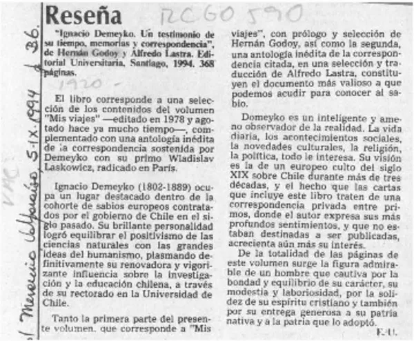 Ignacio Demeyko, un testimonio de su tiempo, memorias y correspondencia  [artículo] E .U.