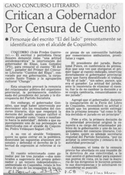 Critican a gobernador por censura de cuento  [artículo] Iván Fredes Guerrero.