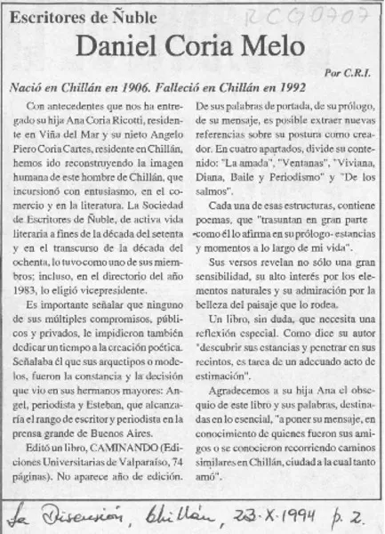 Daniel Coria Melo  [artículo] C. R. I.