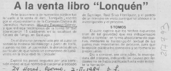 A la venta libro "Lonquén"  [artículo].