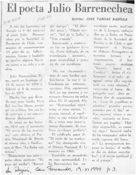 El poeta Julio Barrenechea  [artículo] José Vargas Badilla.