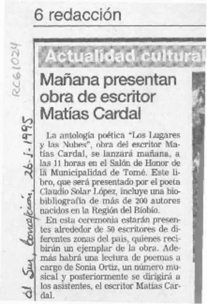 Mañana presentan obra de escritor Matías Cardal  [artículo].
