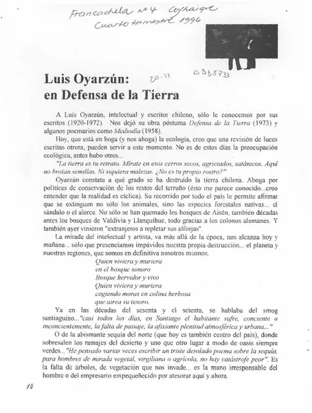 Defensa de la tierra  [artículo] Mario Oyarzún Gómez.