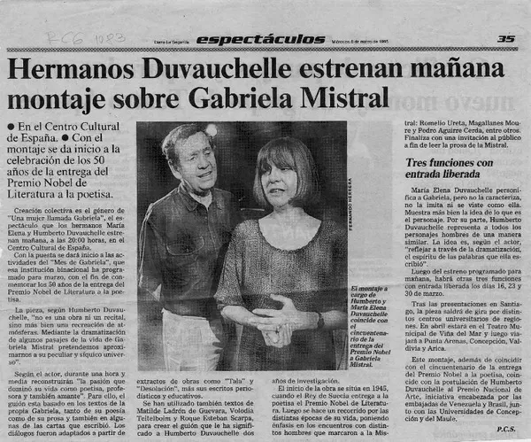 Hermanos Duvauchelle estrenan mañan montaje sobre Gabriela Mistral  [artículo] P. C. S.