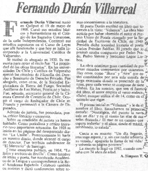 Fernando Durán Villarroel  [artículo] A. Simpson T.