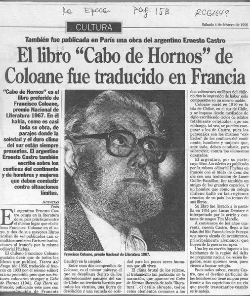 El Libro "Cabo de Hornos" de Coloane fue traducido en Francia  [artículo].