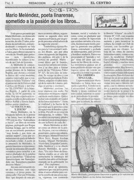 Mario Meléndez, poeta linarense, sometido a la pasión de los libros  [artículo].