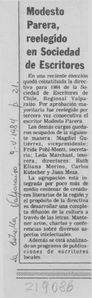 Modesto Parera, reelegido en Sociedad de Escritores  [artículo].