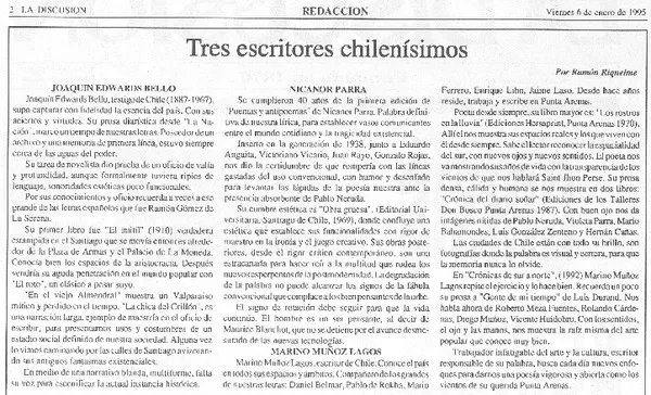 Tres escritores chilenísimos  [artículo] Ramón Riquelme.