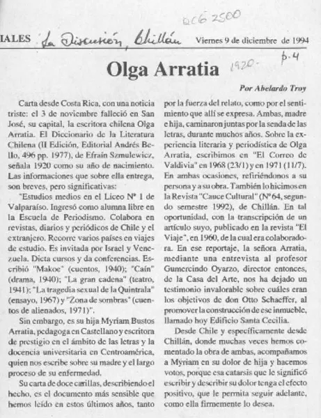 Olga Arratia  [artículo] Abelardo Troy.