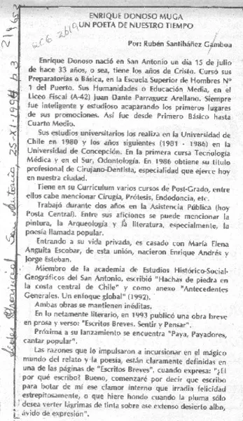 Enrique Donoso Muga, un poeta de nuestro tiempo  [artículo] Rubén Santibáñez Gamboa.