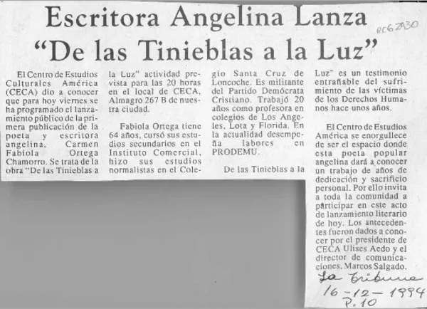 Escritora angelina lanza "De las tinieblas a la luz"  [artículo].