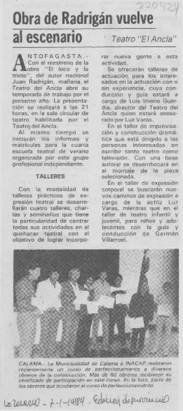 Obra de Radrigán vuelve al escenario  [artículo].