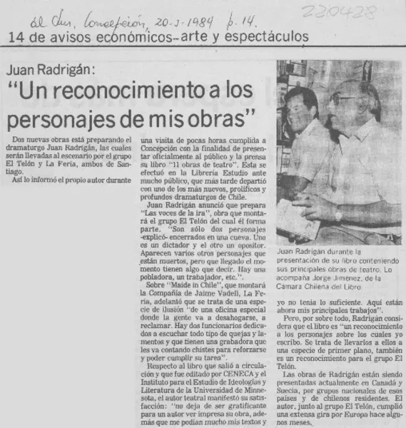 Juan Radrigán, "Un reconocimiento a los personajes de mis obras"  [artículo].