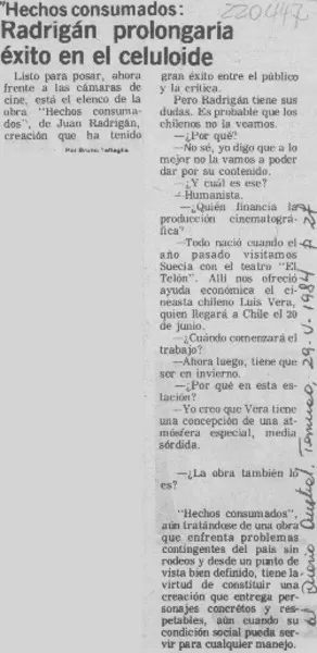 Radrigán prolongaría éxito en el celuloide  [artículo].