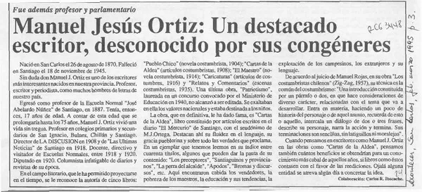 Manuel Jesús Ortiz, un destacado escritor, desconocido por sus congéneres  [artículo] Carlos R. Ibacache.
