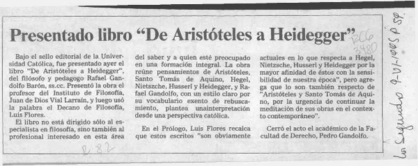 Preentado libro "De Aristóteles a Heidegger"  [artículo].