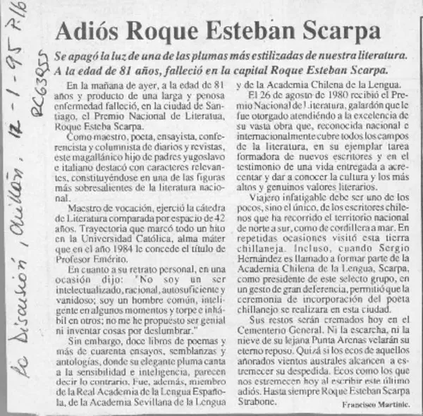 Adiós Roque Esteban Scarpa  [artículo] Francisco Martinic.