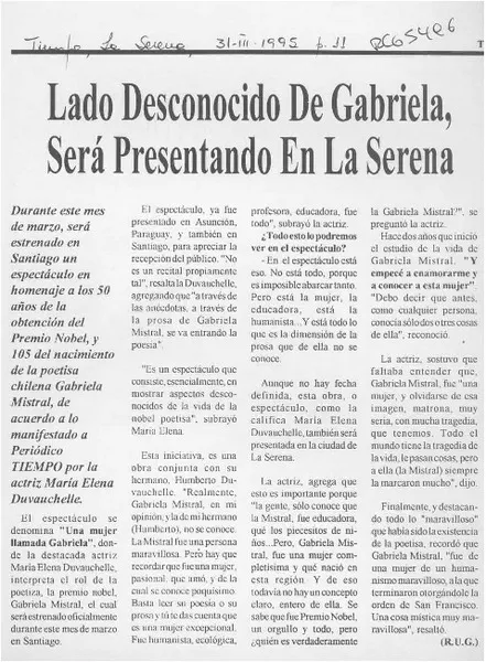 Lado desconocido de Gabriela, será presentado en La Serena  [artículo] R. U. G.