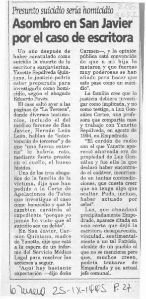 Asombro en San Javier por el caso de escritora  [artículo].