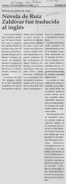 Novela de Ruiz Zaldívar fue traducida al inglés  [artículo].