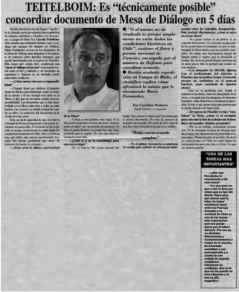 Teitelboim, es "técnicamente posible" concordar documentos de Mesa de Diálogo en 5 días  [artículo] Carolina Romero