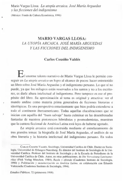 Mario Vargas Llosa, La utopía arcaica; José María Arguedas y las ficciones del indigenismo  [artículo] Carlos Cousiño Valdés