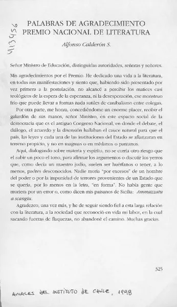 Palabras de agradecimiento Premio Nacional de Literatura  [artículo] Alfonso Calderón S.