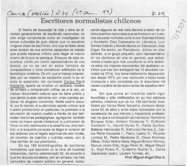 Escritores normalistas chilenos  [artículo] Miguel Angel Díaz