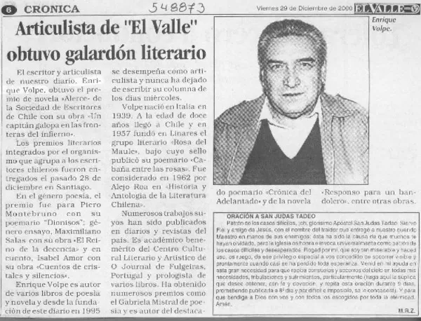 Articulista de "El Valle" obtuvo galardón literario  [artículo]