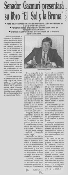 Senador Gazmuri presentará su libro "El sol y la bruma"  [artículo]