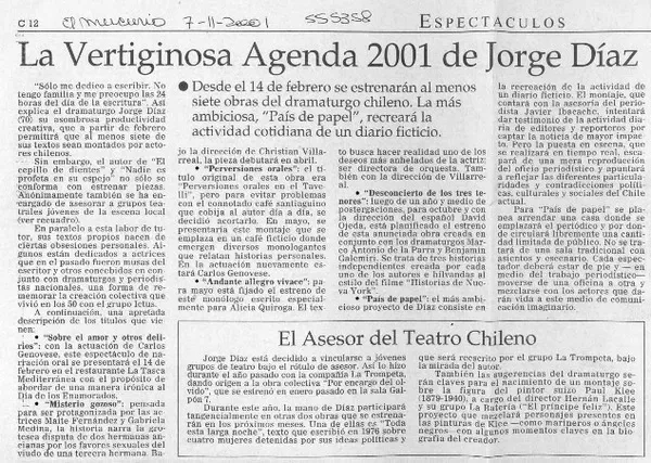 La Vertiginosa agenda 2001 de Jorge Díaz  [artículo]