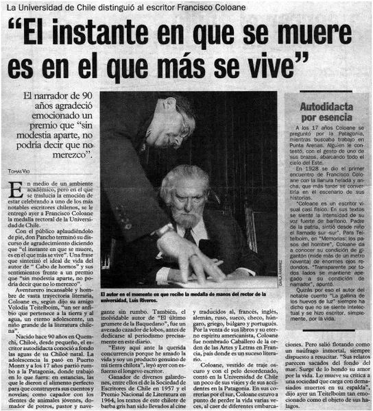 El instante en que se muere es en el que más se vive  [artículo] Tomás Vio