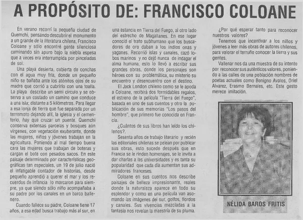 A propósito de, Francisco Coloane  [artículo] Nélida Baros Fritis