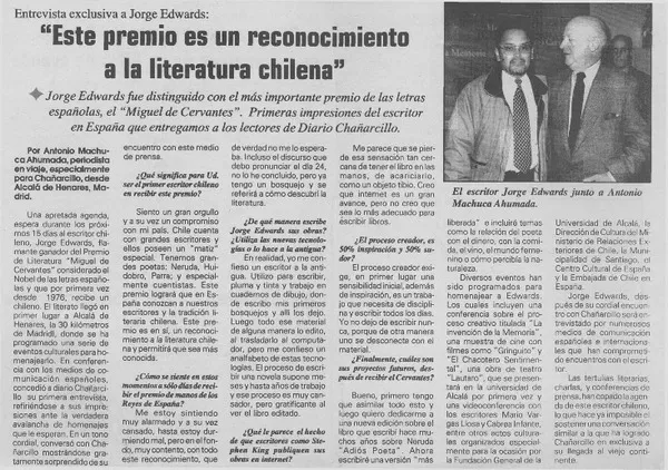 "Este premio es un reconocimiento a la literatura chilena"  [artículo] Antonio Machuca Ahumada