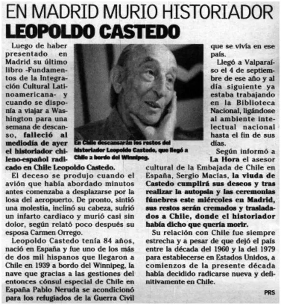 En Madrid murió historiador Leopoldo Castedo  [artículo] PRS