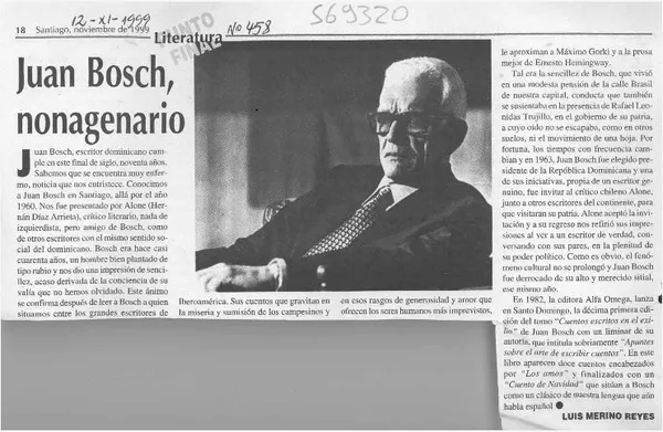 Juan Bosch, nonagenario  [artículo] Luis Merino Reyes