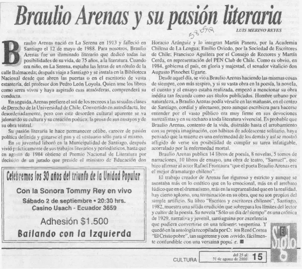 Braulio Arenas y su pasión literaria  [artículo] Luis Merino Reyes