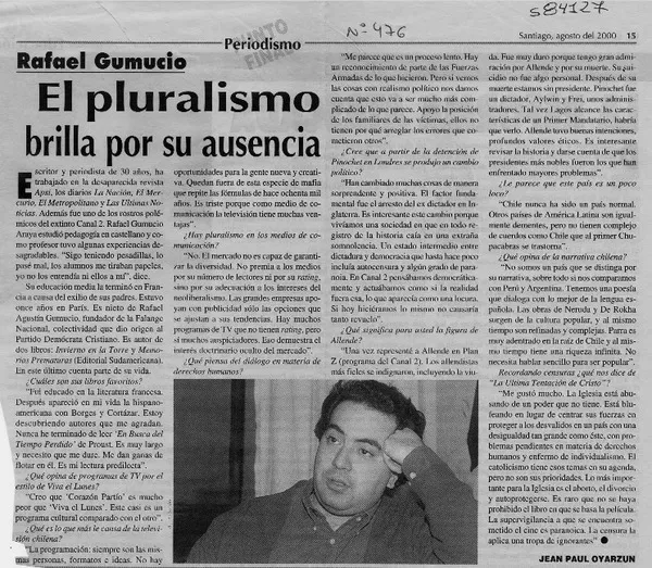 El pluralismo brilla por su ausencia  [artículo] Jean Paul Oyarzún