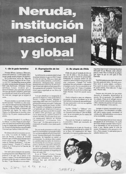 Neruda, institución nacional y global  [artículo] Volodia Teitelboim