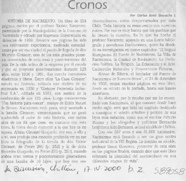 Historia de nacimiento  [artículo] Carlos René Ibacache I.