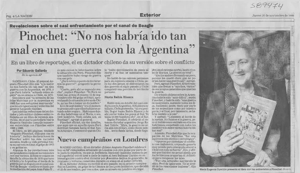 Pinochet, "No nos habría ido tan mal en una guerra con la Argentina"  [artículo] Eduardo Gallardo